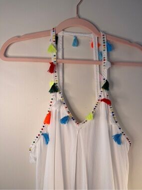White Mini Dress with Colorful Tassel Trim - Sleeveless V-Neck